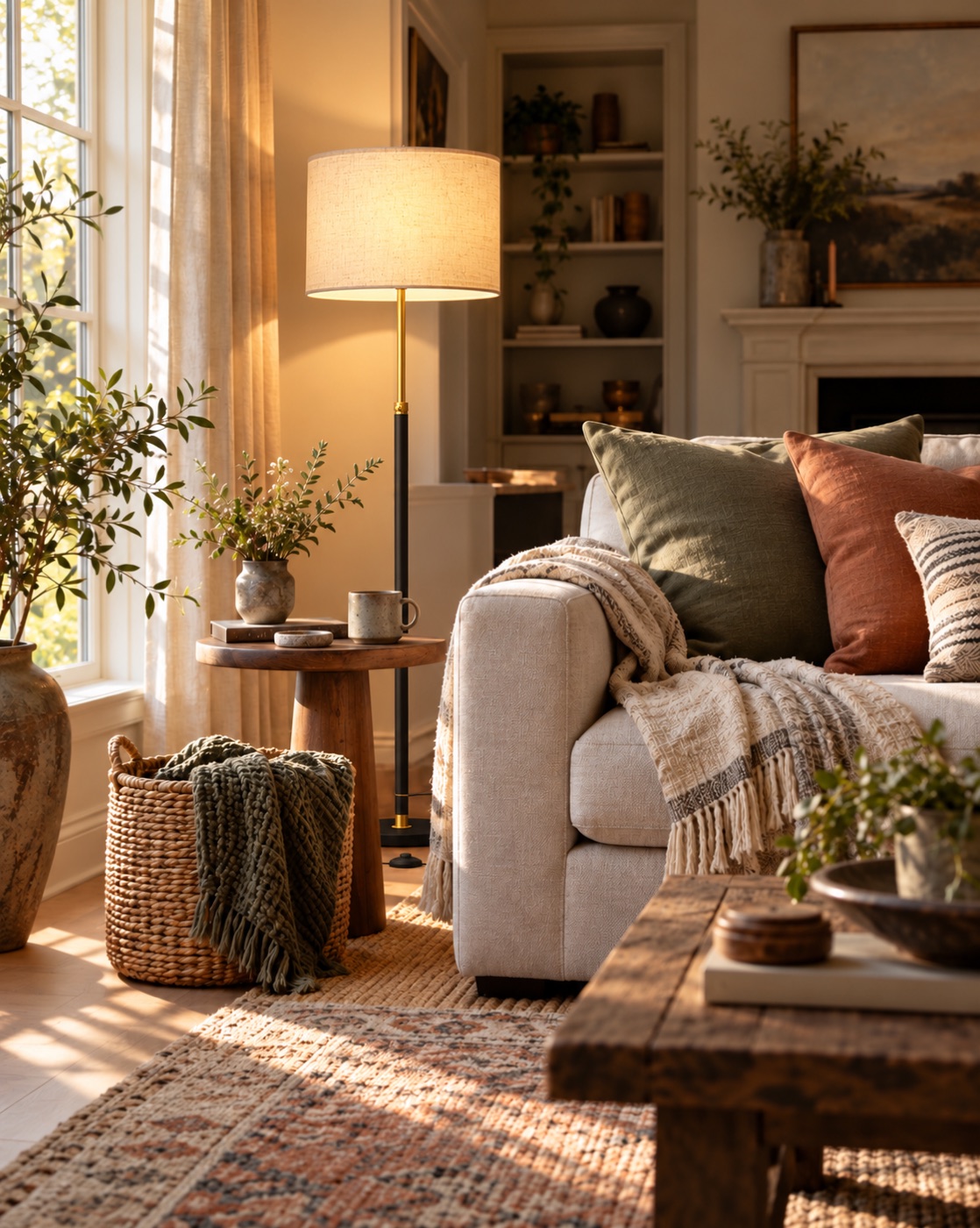 Warm living room lit by a floor lamp