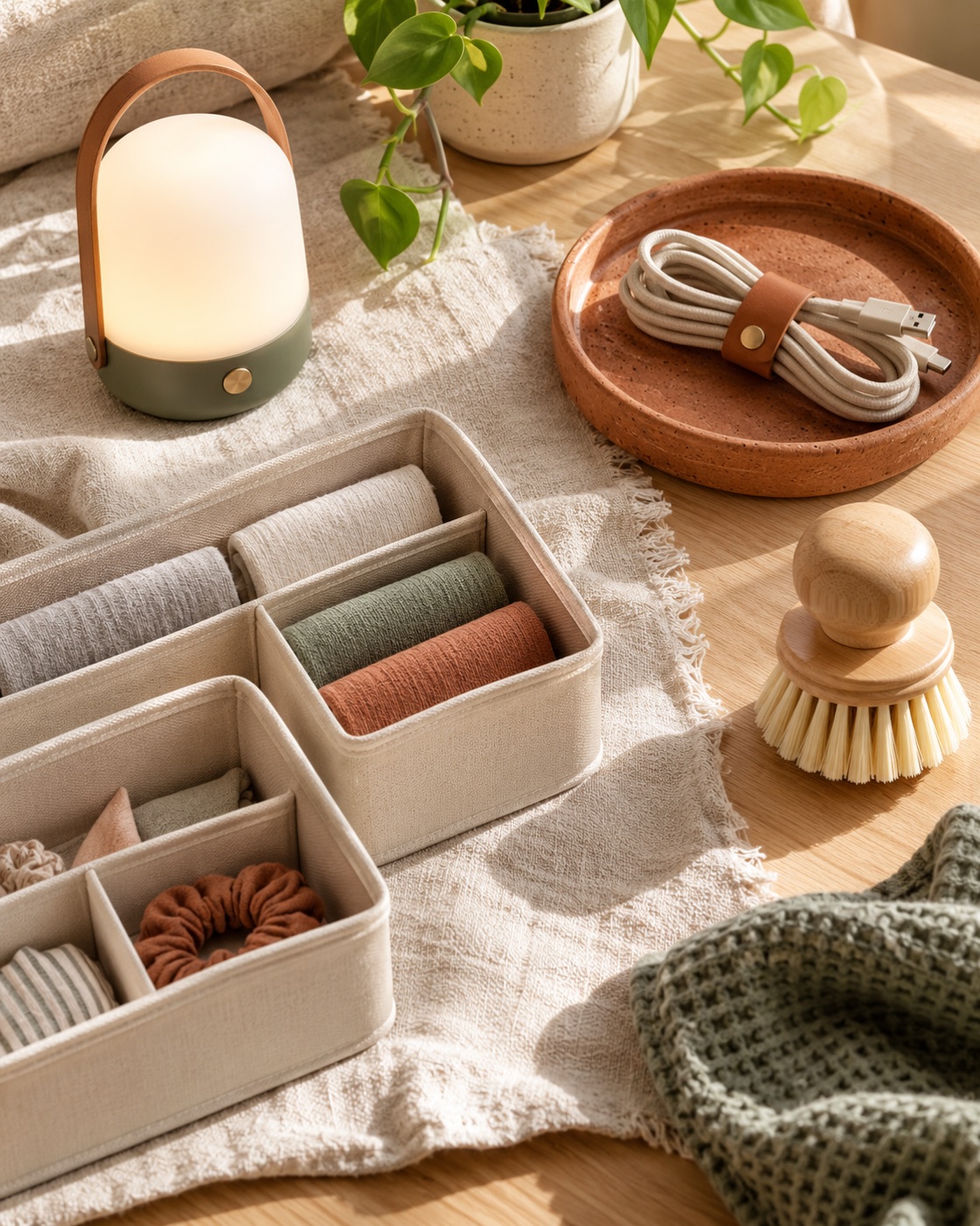 A cordless lamp, drawer organisers and a cleaning brush