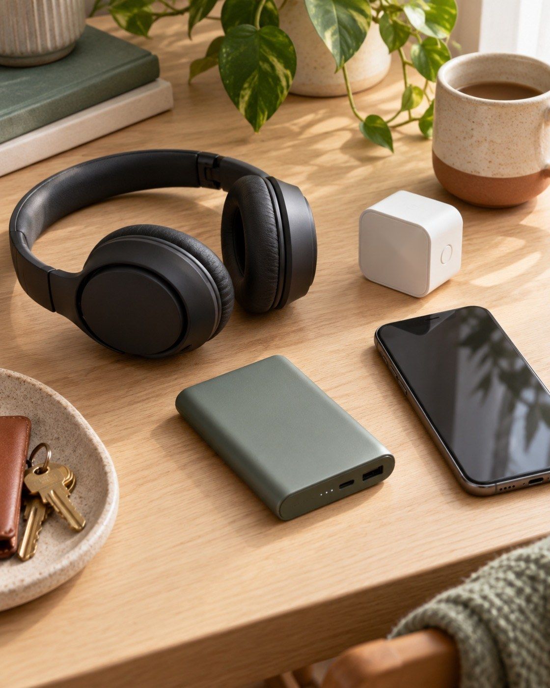 Headphones, a power bank and a phone on a wooden desk