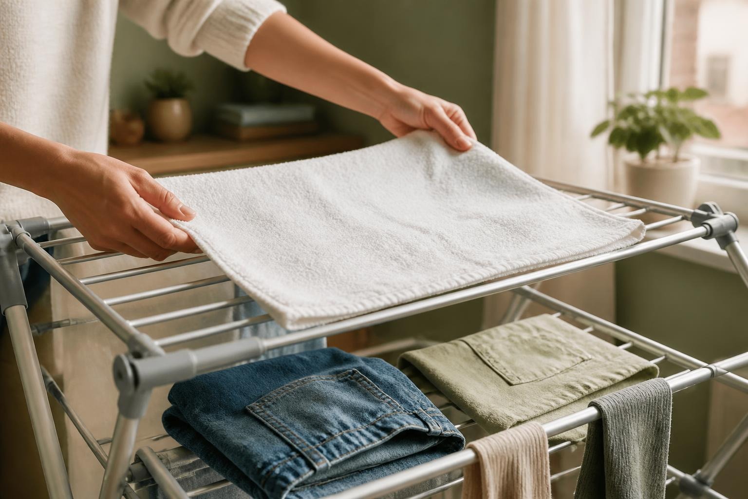 Laying a towel flat across the top of a heated airer with clothes spaced on the bars below