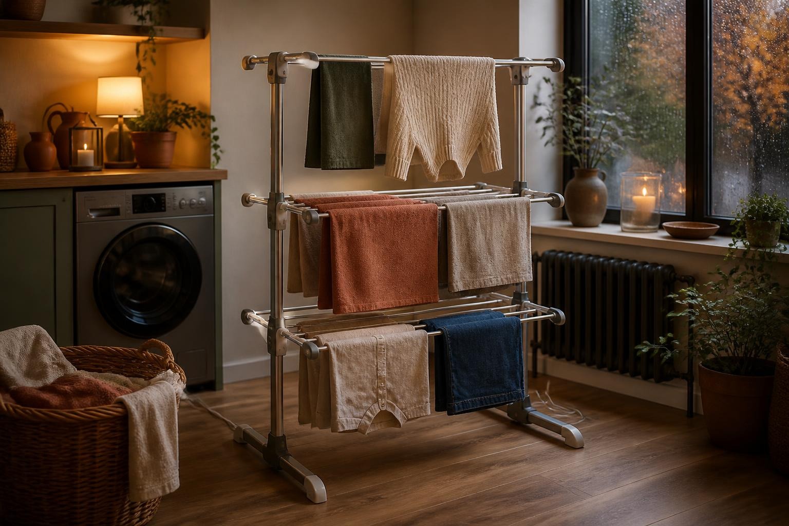 A heated clothes airer with towels and jumpers drying in a cosy UK utility room